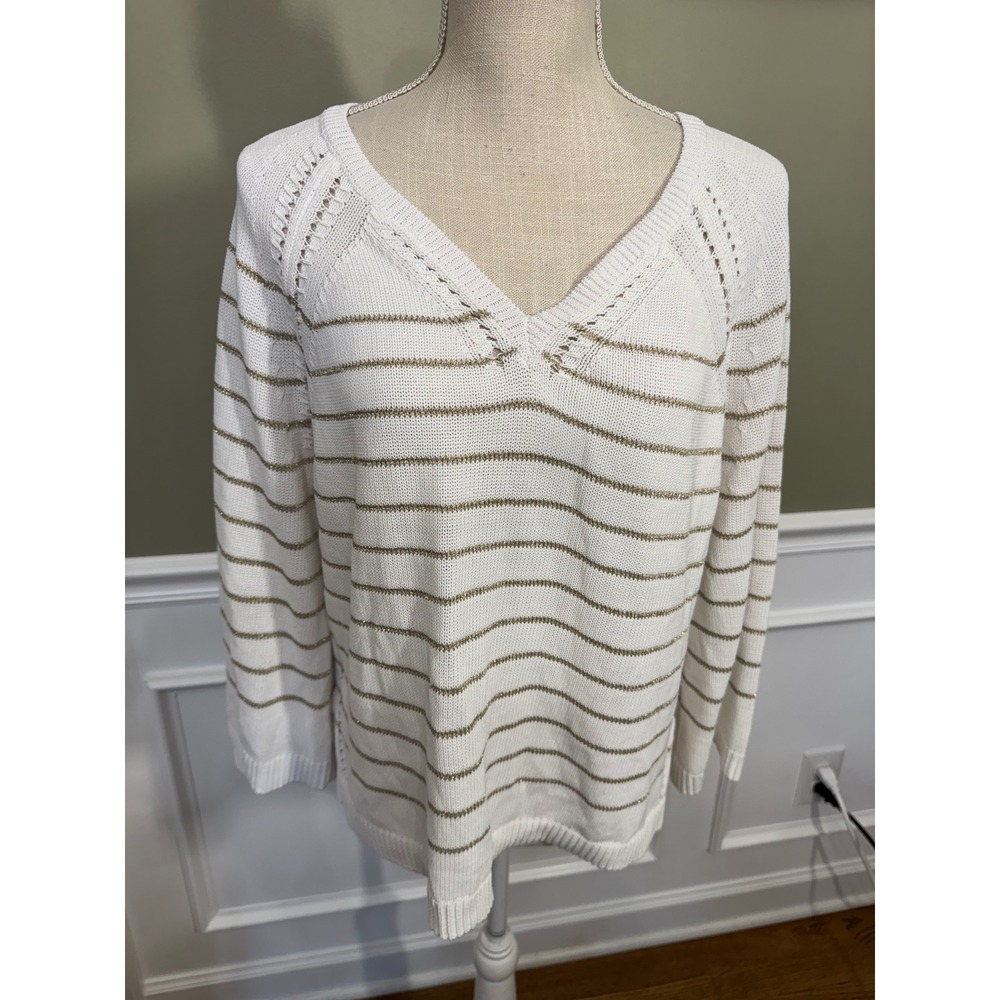 Chico's White Metallic Gold Striped V-Neck Pointelle Knit Sweater Pullover